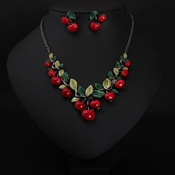 Vintage Retro Style Red Cherry Necklace & Earrings Set Cute Fruit Charm Chain - Picture 2 of 6